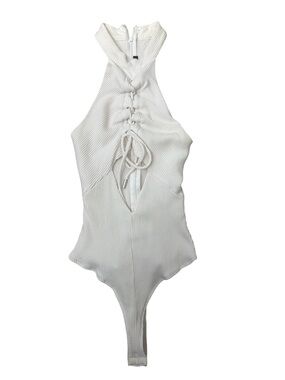 Forever 21 White Ribbed Lace-Up Halter Bodysuit